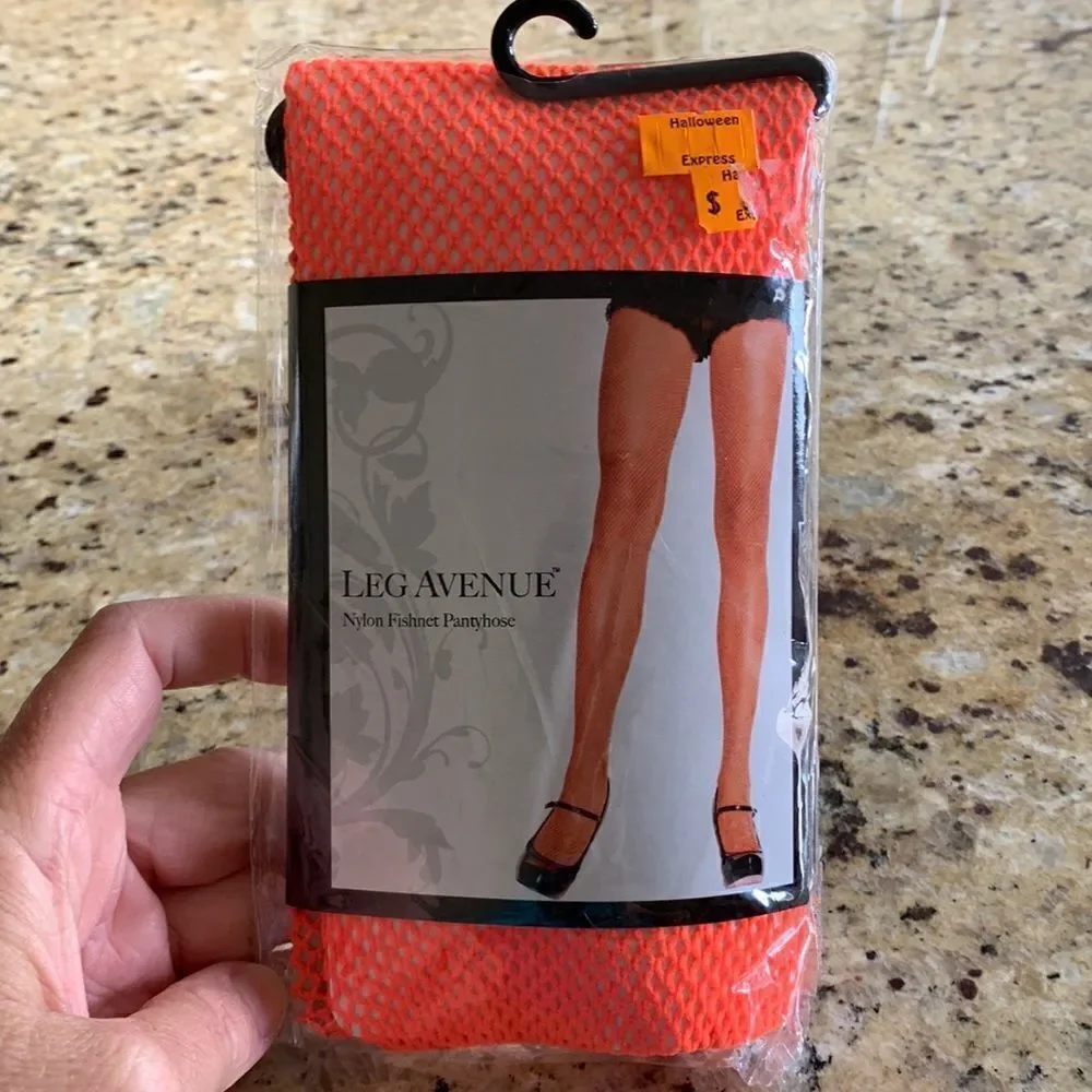 NWT neon orange fishnet‎ Pantyhose by Leg Avenue from Halloween Express